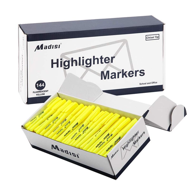 Madisi Highlighters, Chisel Tip, Fluorescent Yellow, Bulk Pack, 144-Count - Image 1